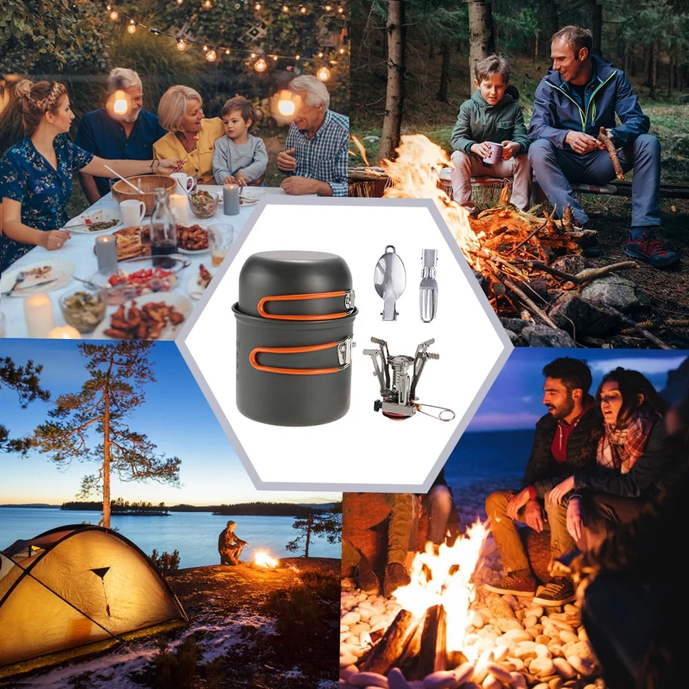Camping Piezoelectric Ignition Cookware Set with Fork and Spoon B149