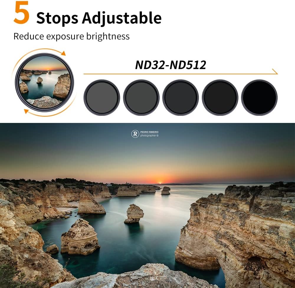 55mm Variable ND Filter ND32-ND512 (5-9 Stops) HD Neutral Density Lens Filter with 28 Multi-Layer Coatings, Pack of 2 U291141
