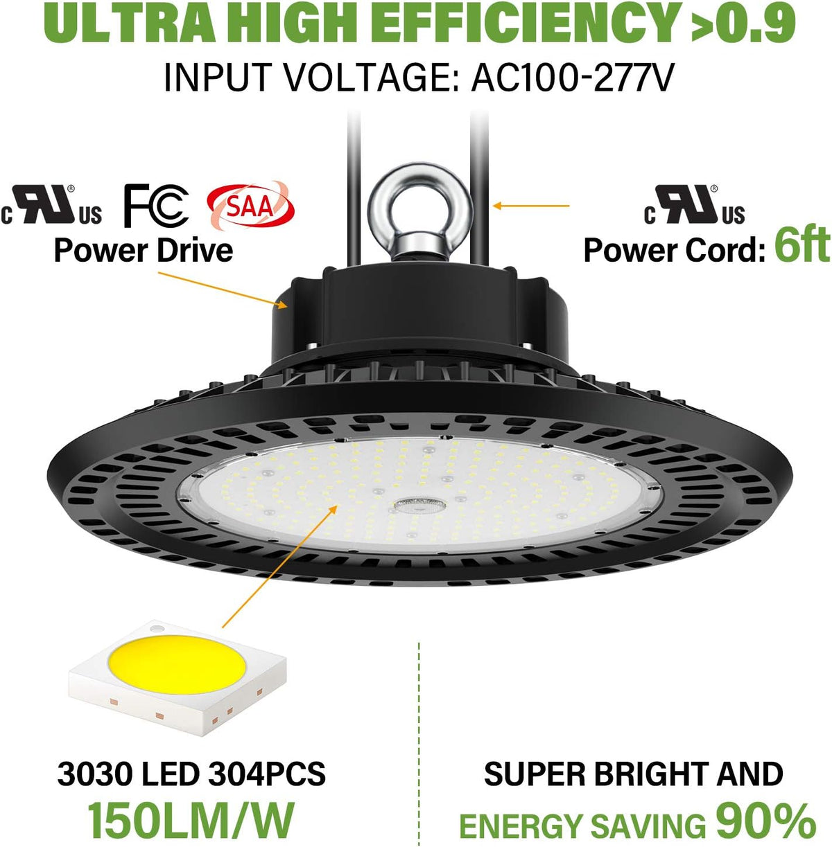 UFO LED High Bay Light 240W 5000K 36,000LM 0-10V Dimmable IP65 Hook Mount, Pack of 2 G322896