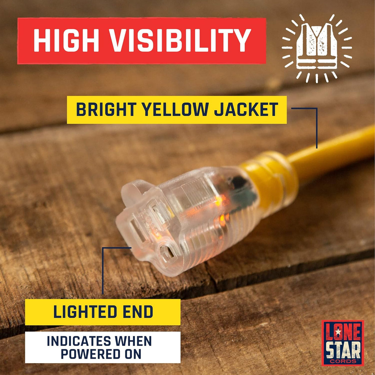 Yellow 12/3 SJTW Lighted Extension Cord, 100 Foot, 3 Prong Grounded Plug, 12 Gauge Cable, Pack of 2 V1060