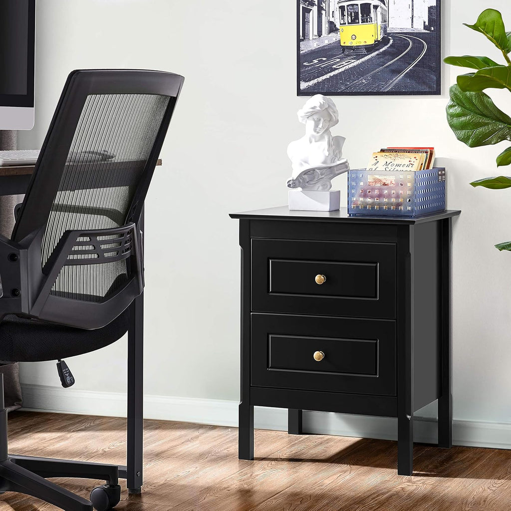 Set of 2 Wooden Side End Tables with Double Drawers, Black H246
