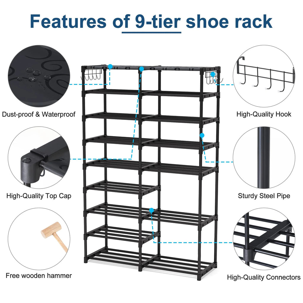 Black 9 Tiers Stackable Shoe Rack with 2 Hooks Z96946