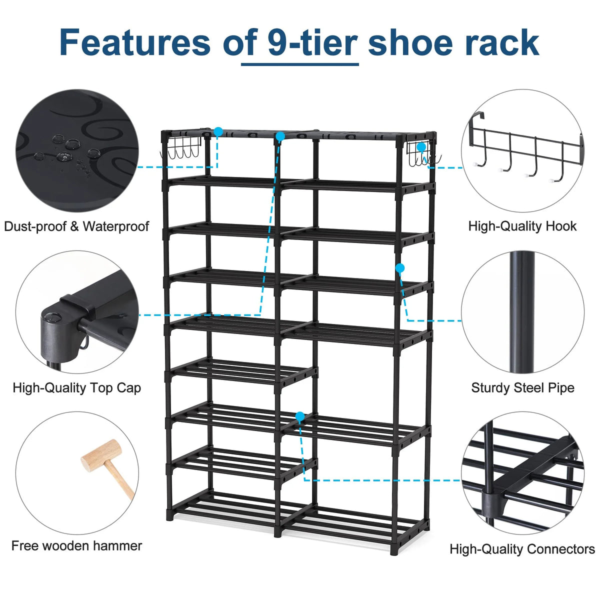 Black 9 Tiers Stackable Shoe Rack with 2 Hooks Z96946