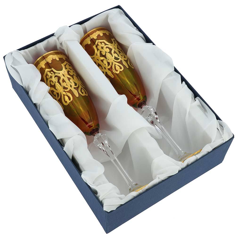 Set of Two Murano Glass Champagne Flutes 24K Gold Leaf Red G419