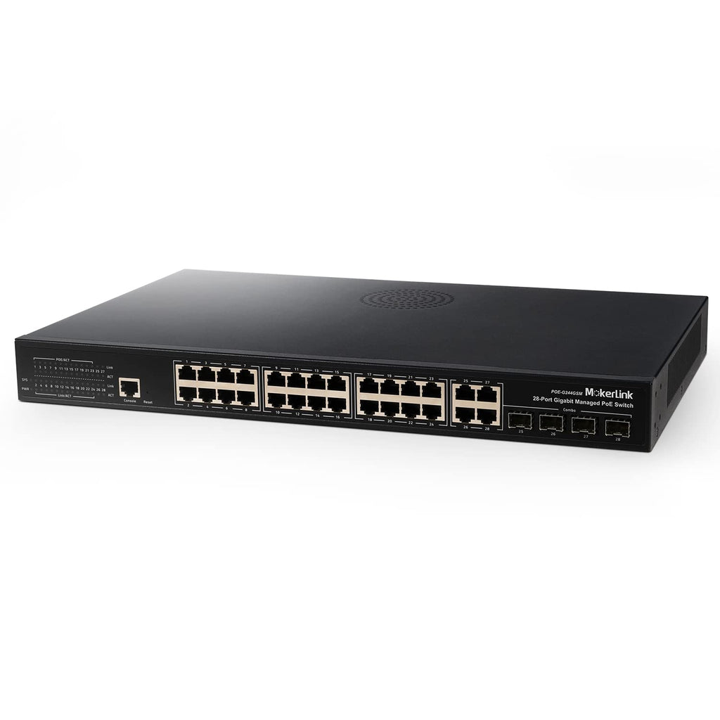 28 Port PoE Gigabit Managed Switch, 24 GE PoE Port, 4 GE Uplink, 4 Combo SFP, 300W, L2+ Smart Managed, Rackmount Fanless S984