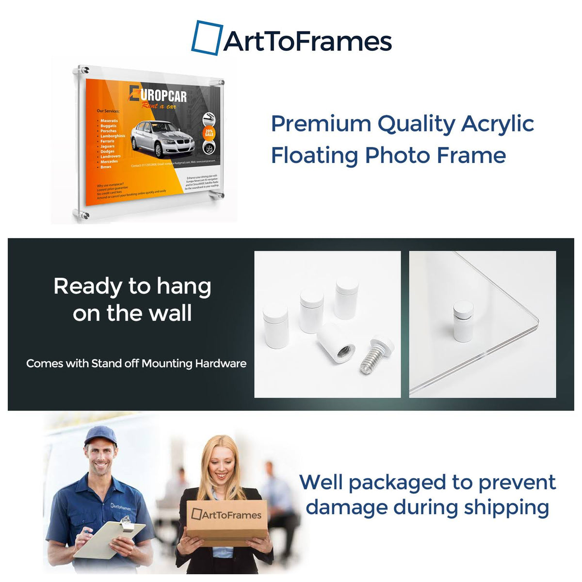 Acrylic Floating Frame for Pictures Up to 30x36 Inches with White Acrylic Standoff C174