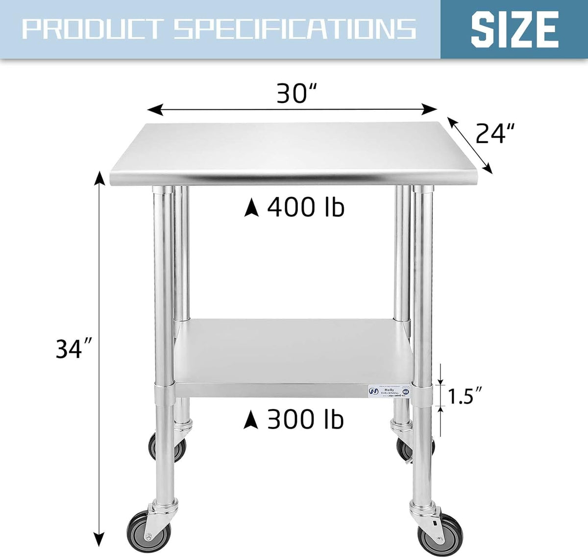 Stainless Steel Table with Caster Wheels and Undershelf U95969