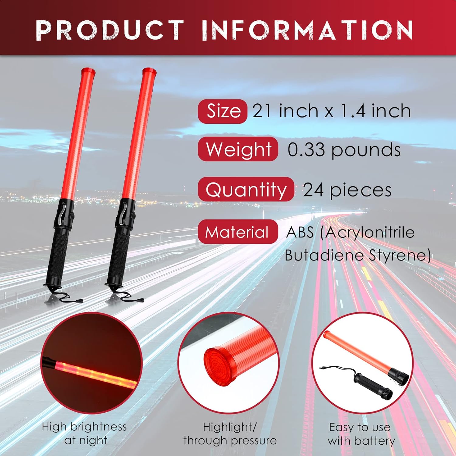 24 Pieces 21 Inch LED Safety Traffic Control Wand with 2 Flashing Modes, Wrist Strap Lanyard and Side Clip D22360