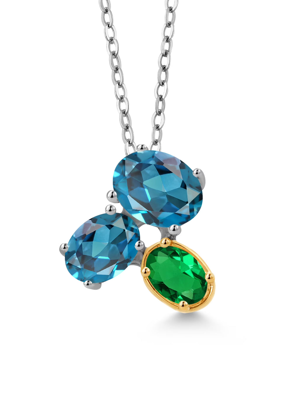 925 Silver 10K Yellow Gold London Blue Topaz Green Nano Emerald Pendant Necklace with 18 inch Chain A590639