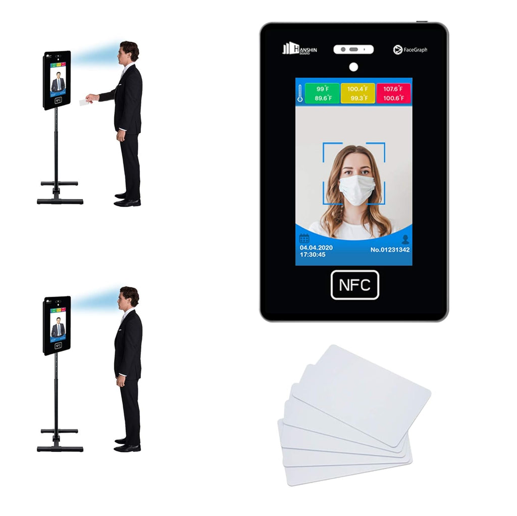 No Contact Temperature & Attendance Tracking Scanner Kiosk with Steel Floor Stand and 50 RFID Cards Bundle P4769