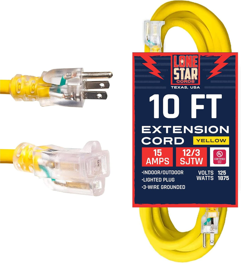 Yellow 12/3 SJTW Lighted Extension Cord, 100 Foot, 3 Prong Grounded Plug, 12 Gauge Cable, Pack of 2 V1060