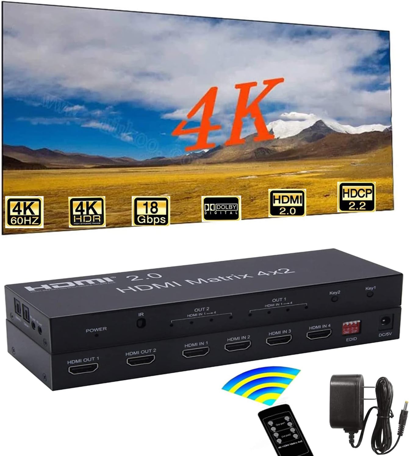 4K HDMI 2.0 Matrix 4X2 Switch with Optical & L/R 3.5mm Output I7741