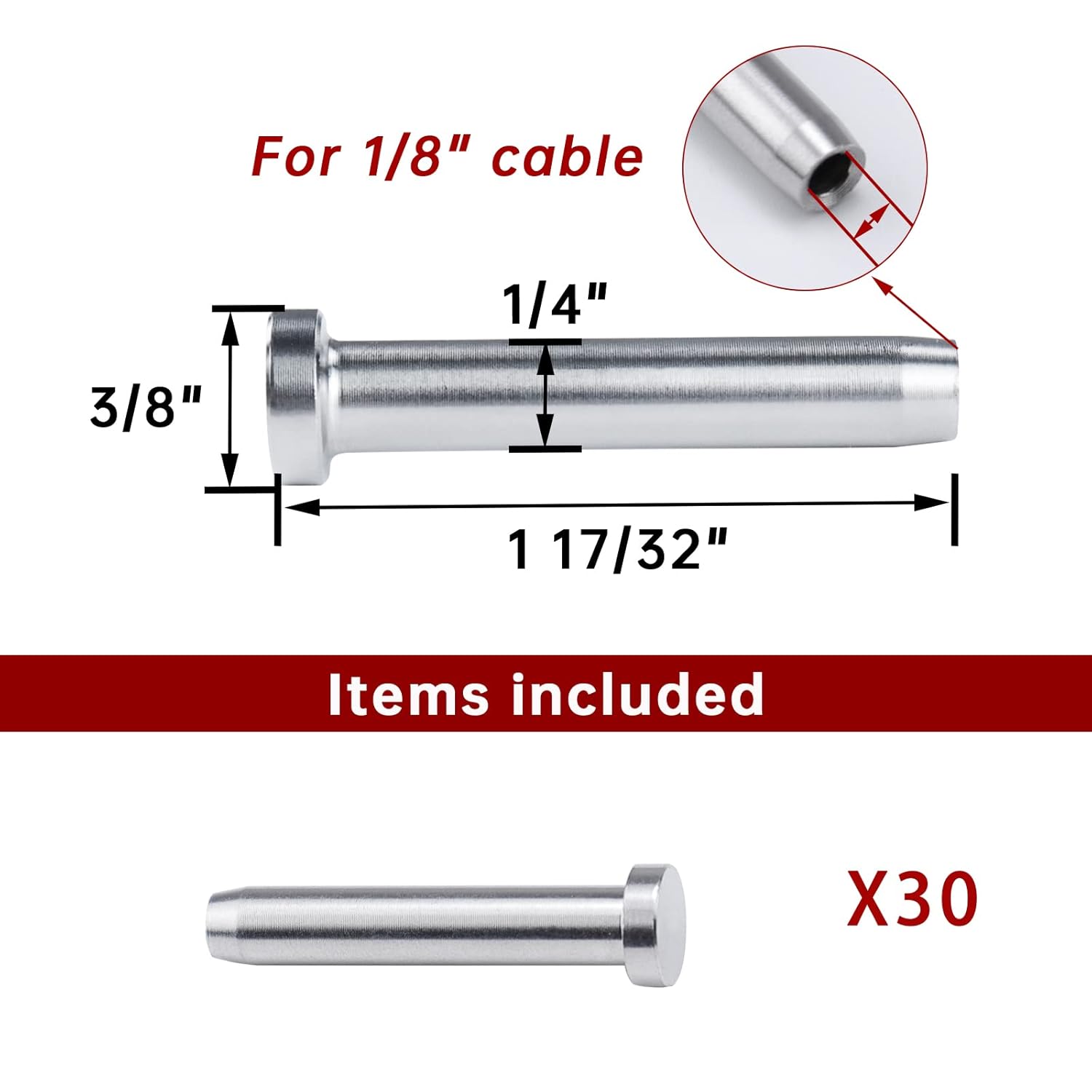 30Pack 1/8 T316 Stainless Steel Swage Dead End Cable Railing Kit Hardware Terminal End Fitting S6558