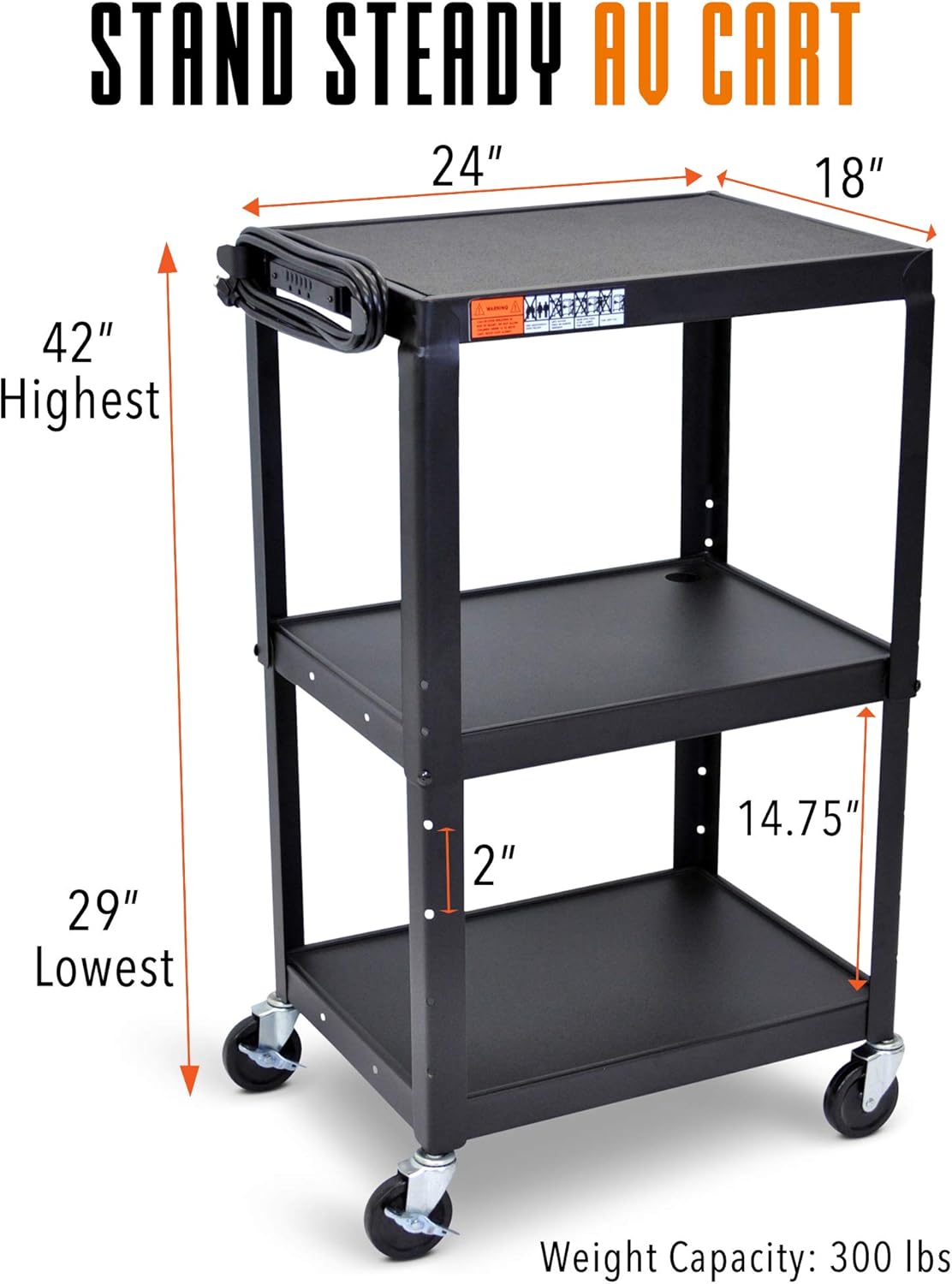 Height Adjustable AV Cart with Power Cord H160014