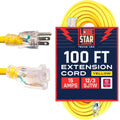 Yellow 12/3 SJTW Lighted Extension Cord, 100 Foot, 3 Prong Grounded Plug, 12 Gauge Cable, Pack of 2 V1060