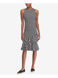 Black Ruffled Striped Sleeveless Jewel Neck Maxi Sheath Dress D28675