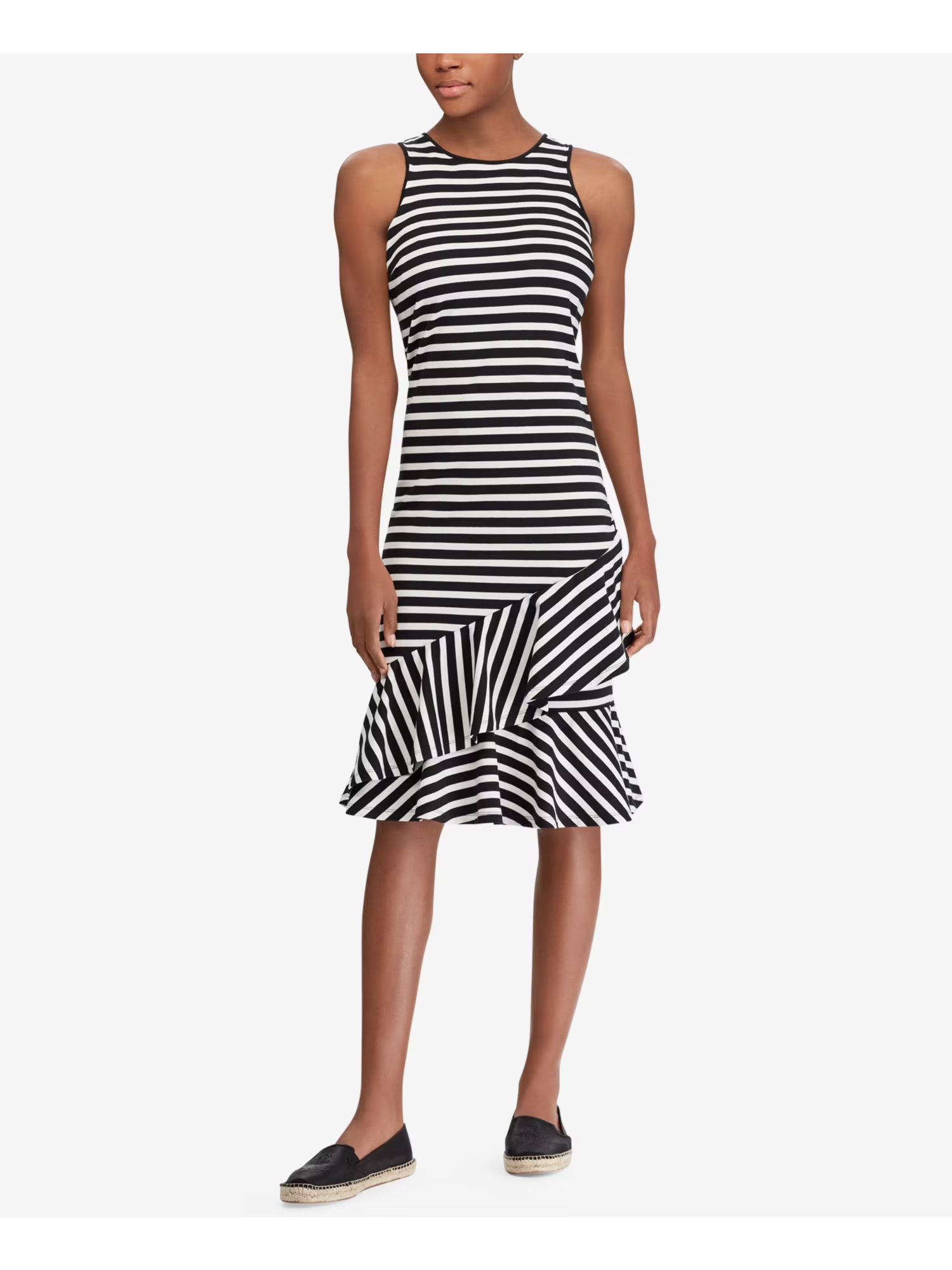 Black Ruffled Striped Sleeveless Jewel Neck Maxi Sheath Dress D28675