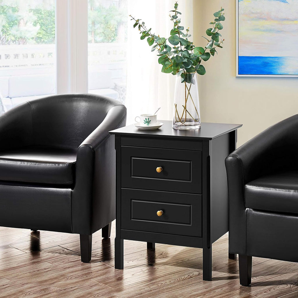 Set of 2 Wooden Side End Tables with Double Drawers, Black H246