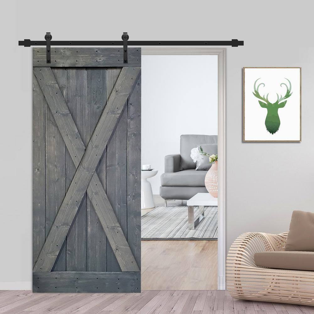 Gray Stained Knotty Pine Wood Interior Sliding Barn Door with Hardware Kit V148246