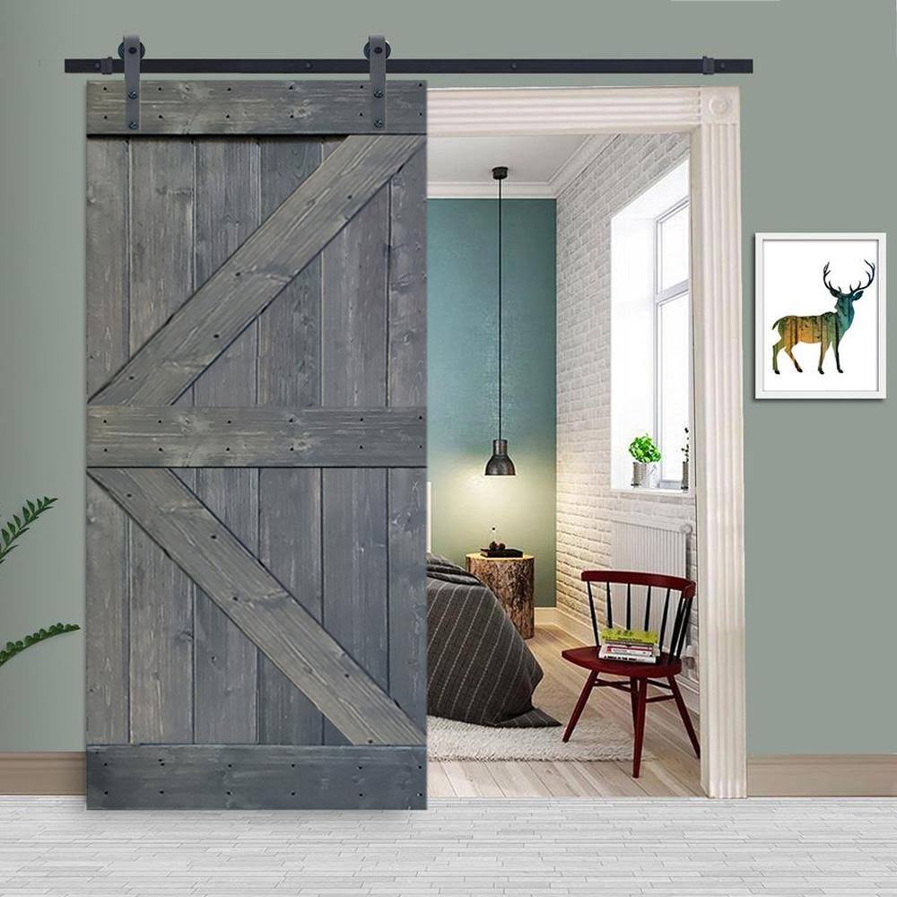 Gray Stained Knotty Pine Wood Interior Sliding Barn Door with Hardware Kit V148246