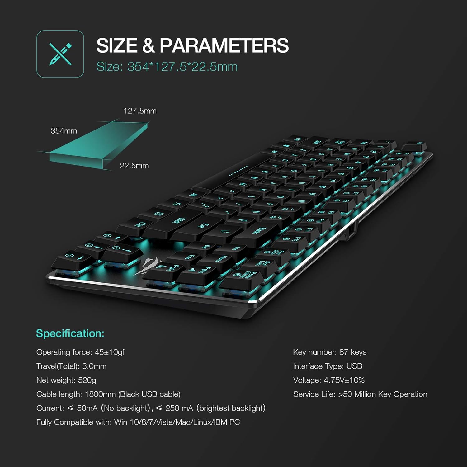 87 Keys Backlit Wired Mechanical Gaming Keyboard K478786