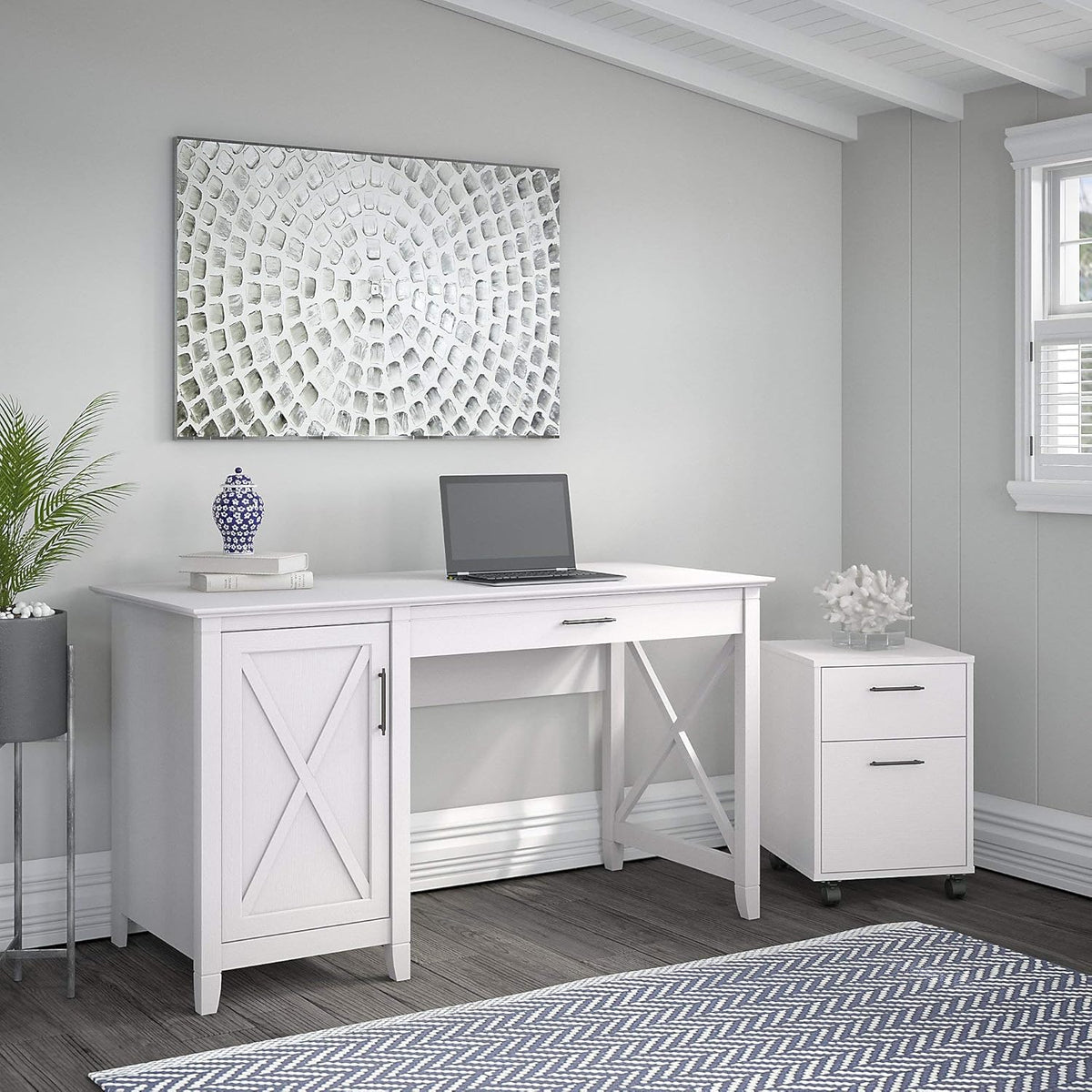 54W Computer Desk with Storage and 2 Drawer Mobile File Cabinet, Pure White Oak M81999