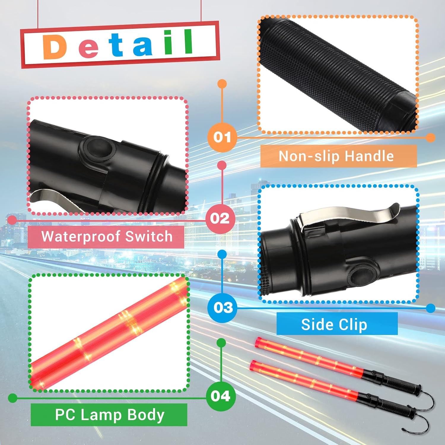 24 Pieces 21 Inch LED Safety Traffic Control Wand with 2 Flashing Modes, Wrist Strap Lanyard and Side Clip D22360