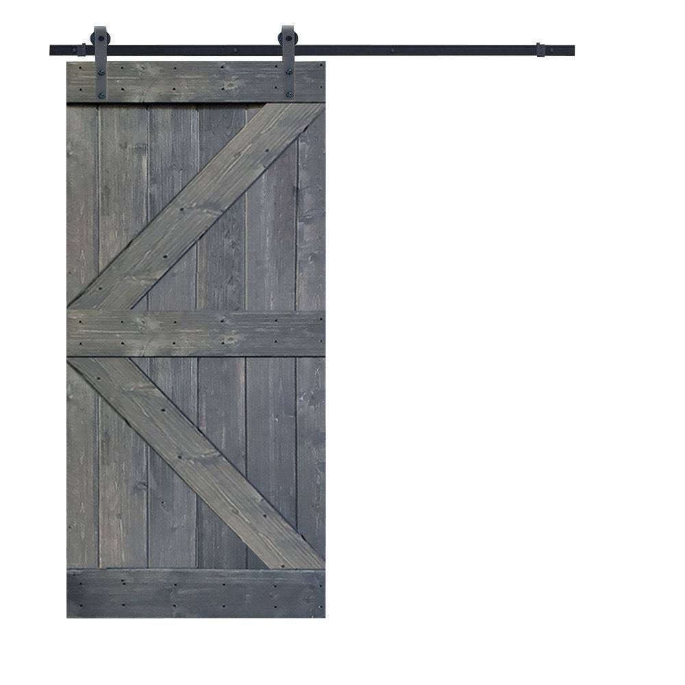 Gray Stained Knotty Pine Wood Interior Sliding Barn Door with Hardware Kit V148246