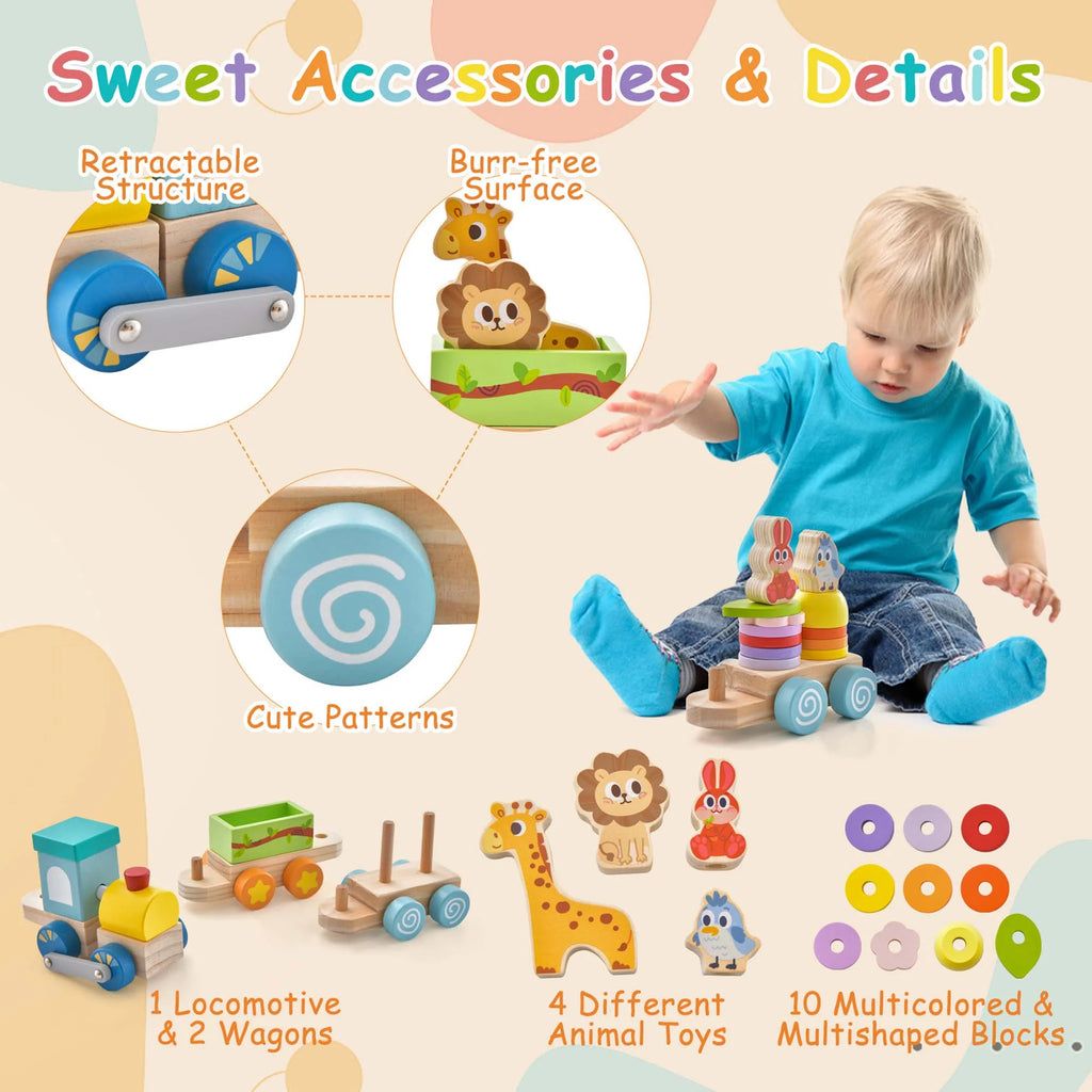 Wooden Stackable Train Set with Animal Toys & Locomotive O808011