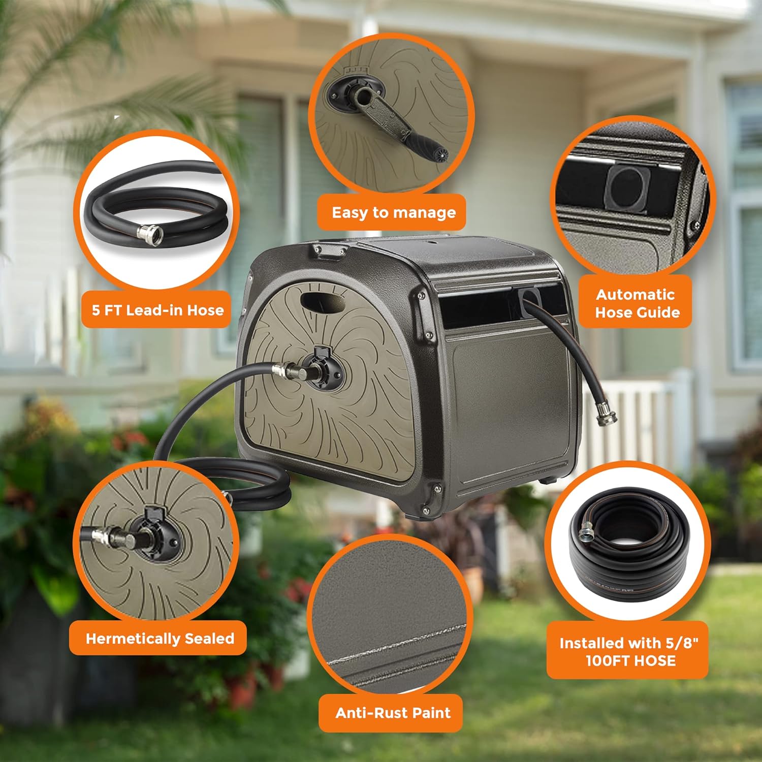 Heavy Duty Metal Garden Hose Storage Reel with Crank Handle, 150ft 5/8 Hose Capacity L503