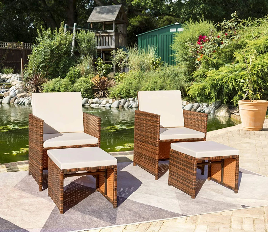 Beige 4 Piece PE Wicker Patio Furniture Set with Ottomans L930