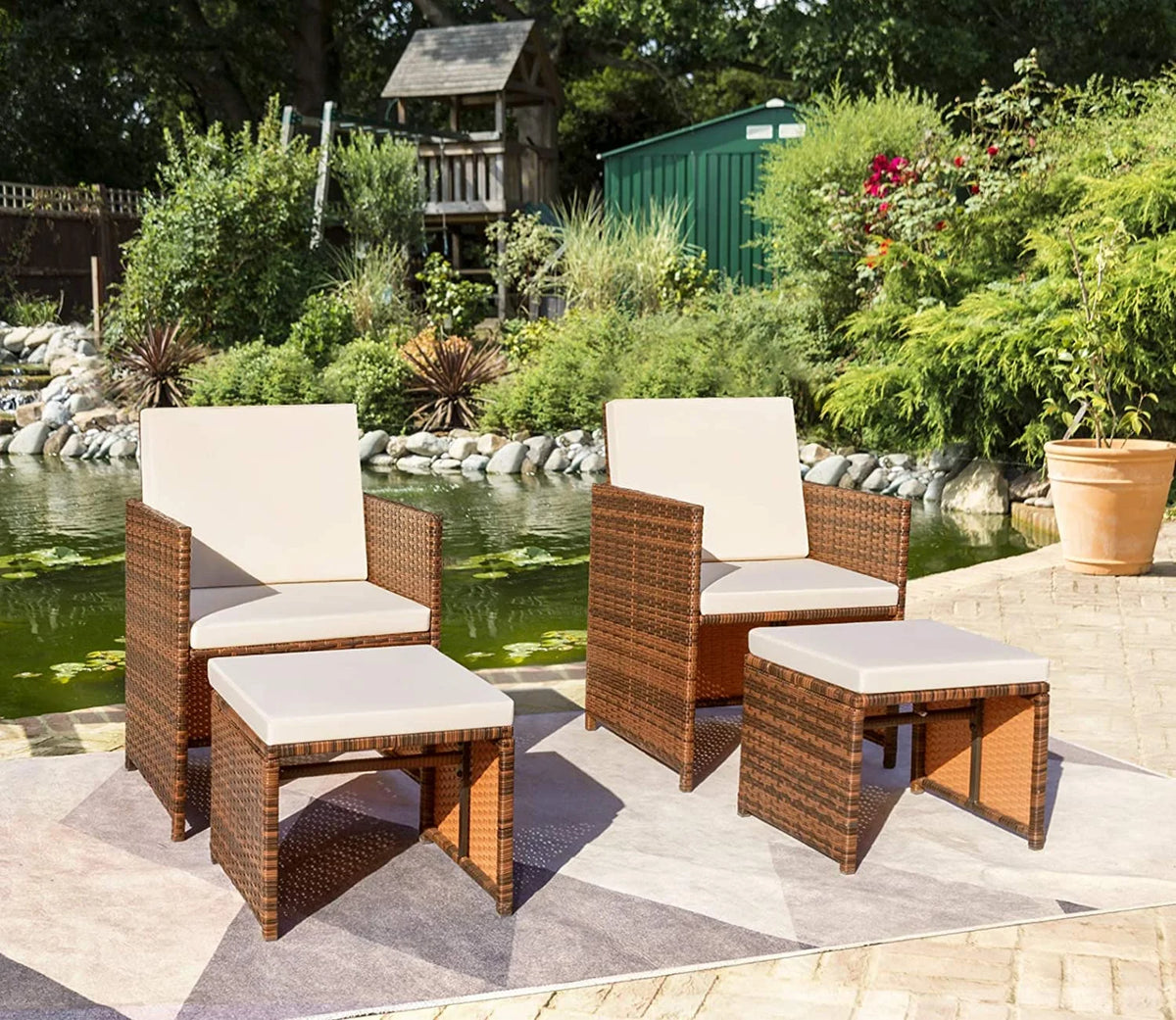 Beige 4 Piece PE Wicker Patio Furniture Set with Ottomans L930