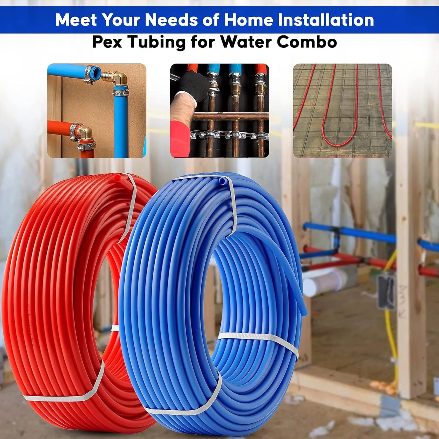 2 Rolls 1/2 Inch X 50 Ft Blue And Red PEX Pipe N718