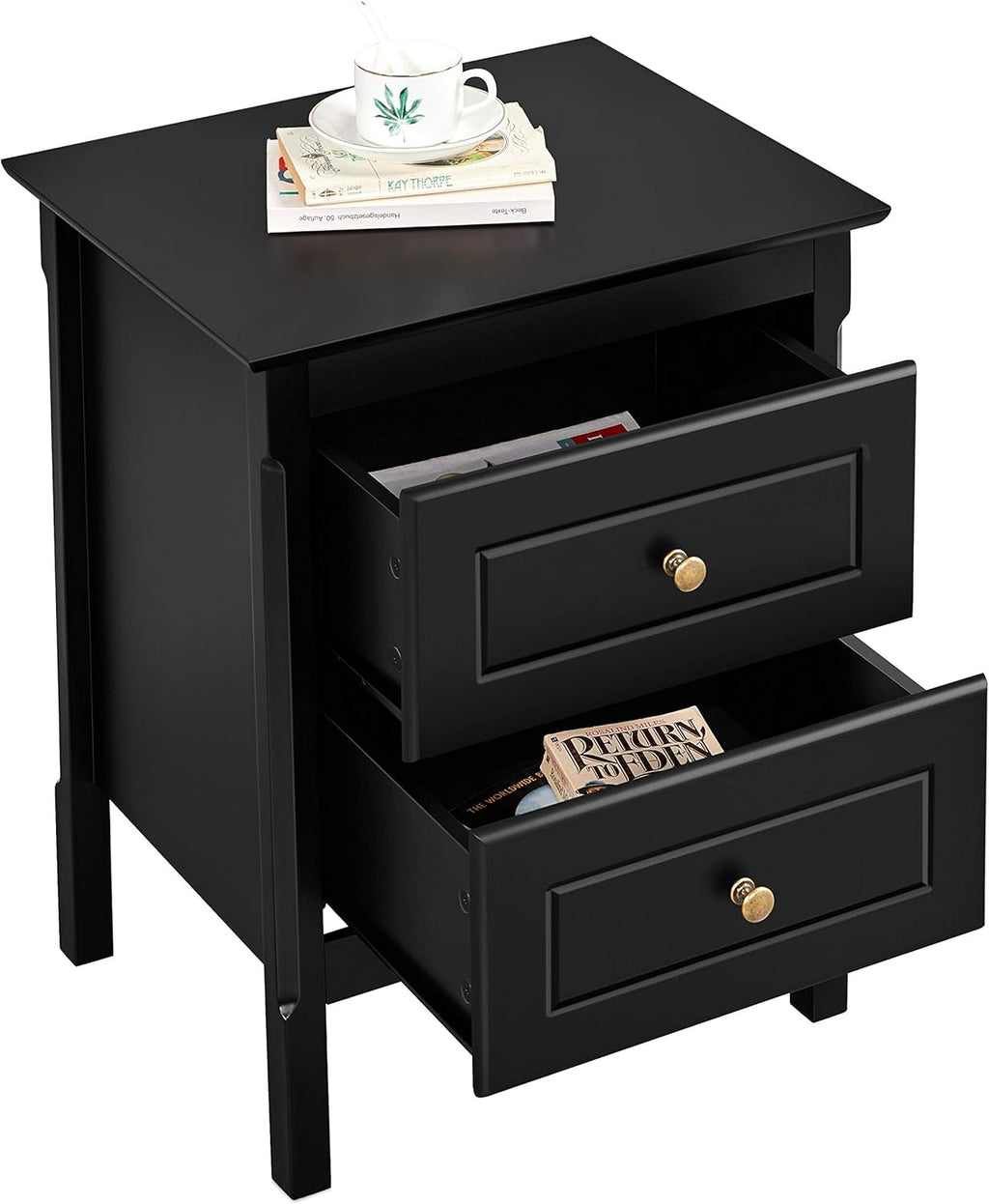Set of 2 Wooden Side End Tables with Double Drawers, Black H246