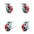 5 inch x 2 inch Polyurethane Wheel Caster Set - Red on Silver - 2 Swivel with Brakes and 2 Swivel H41417