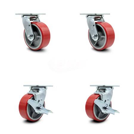 5 inch x 2 inch Polyurethane Wheel Caster Set - Red on Silver - 2 Swivel with Brakes and 2 Swivel H41417