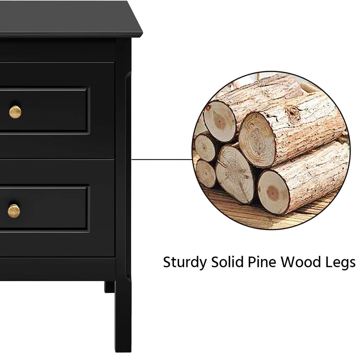 Set of 2 Wooden Side End Tables with Double Drawers, Black H246