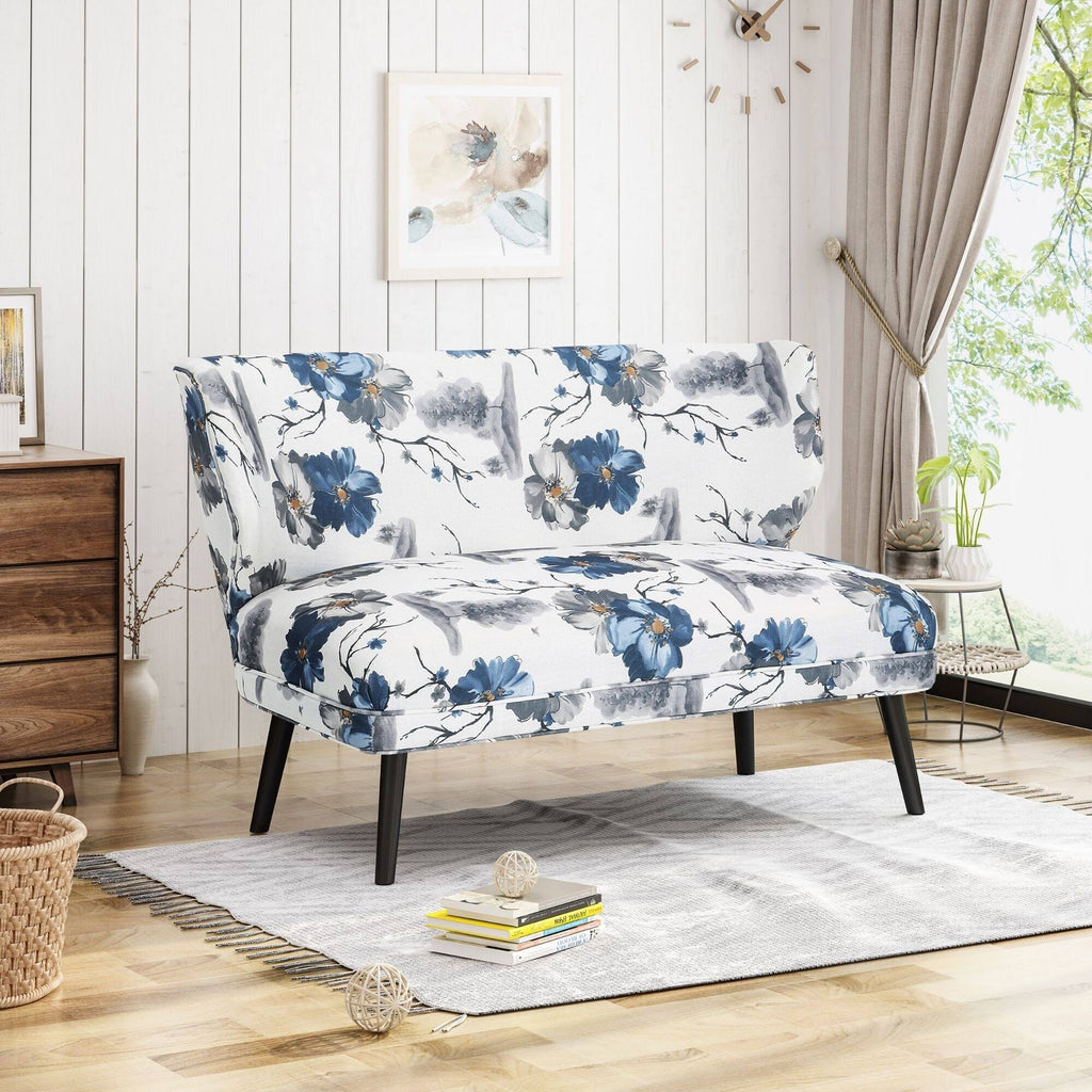 Navy Blue and Gray Floral Rectangular Settee L659246