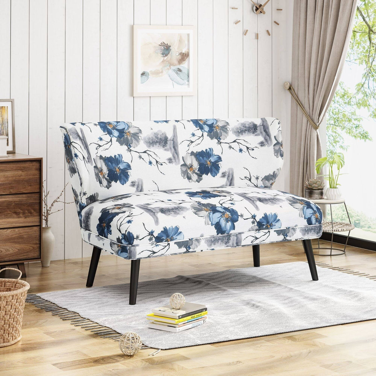 Navy Blue and Gray Floral Rectangular Settee L659246
