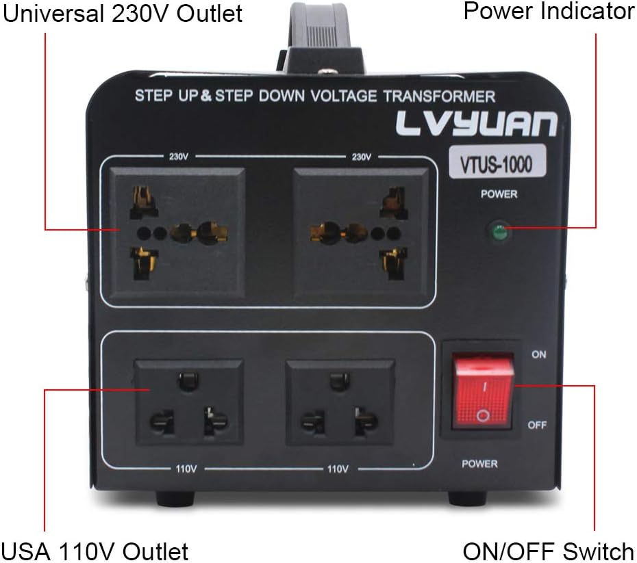 Voltage Transformer Converter 1000 Watt Step Up/Down with 2 US Outlets, 2 Universal Outlets F9759