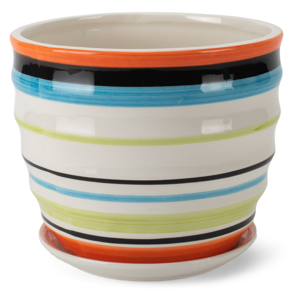 Ribbed Coral Blue Green 5.25 x 6 Inch Ceramic Flower Pot Planter with Saucer M437