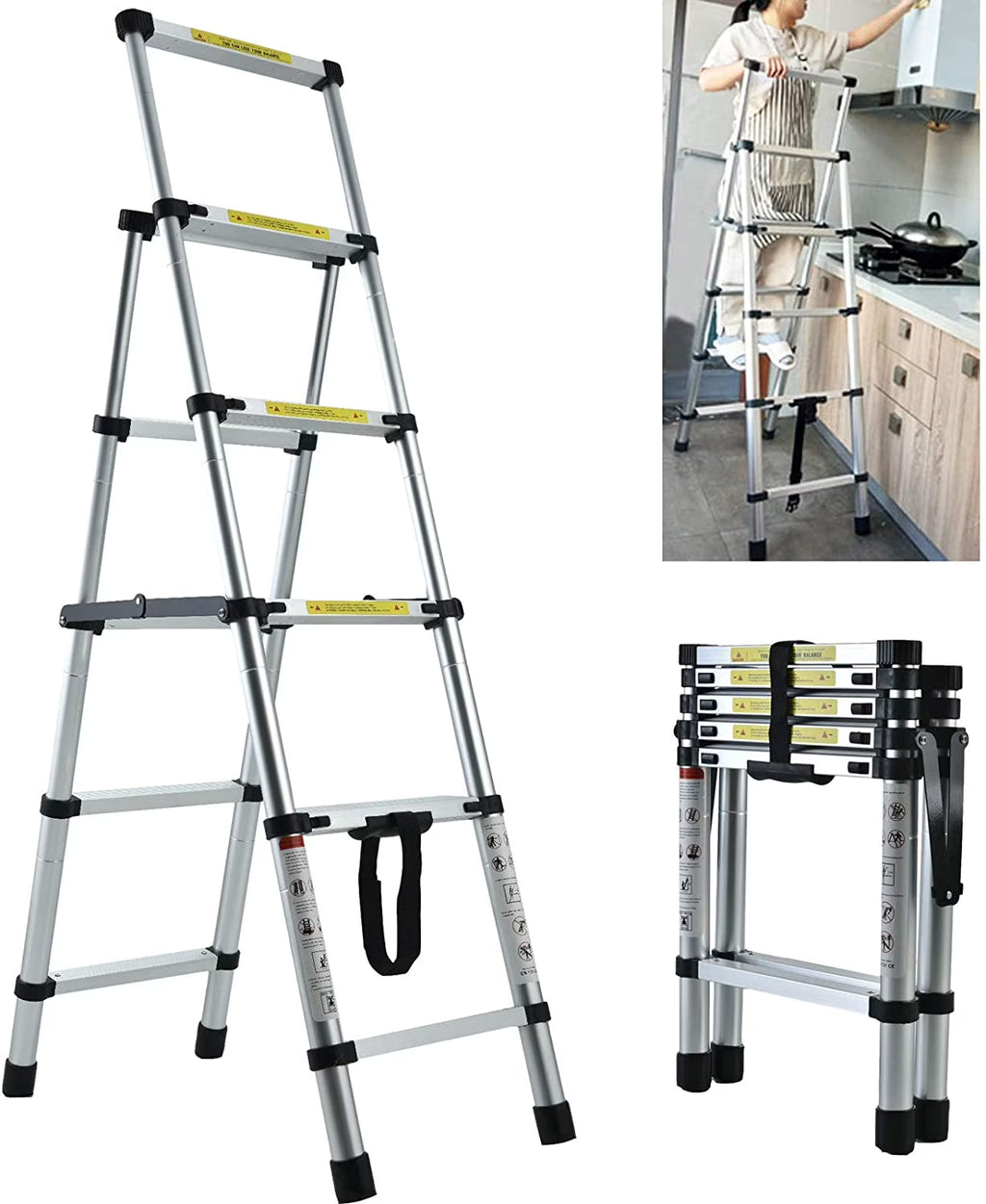 Telescopic Step Ladder Aluminium 330lb Capacity Anti-Slip W2915