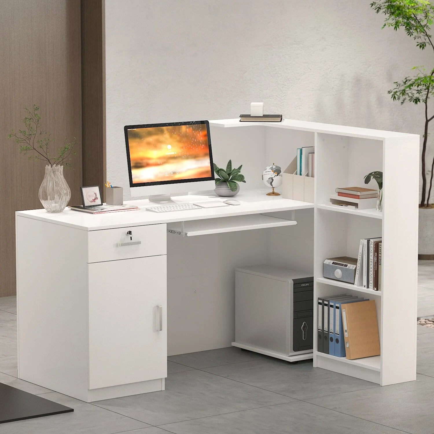 55.1"W L-Shape Wood Reception Desk with Keyboard Tray Z762113