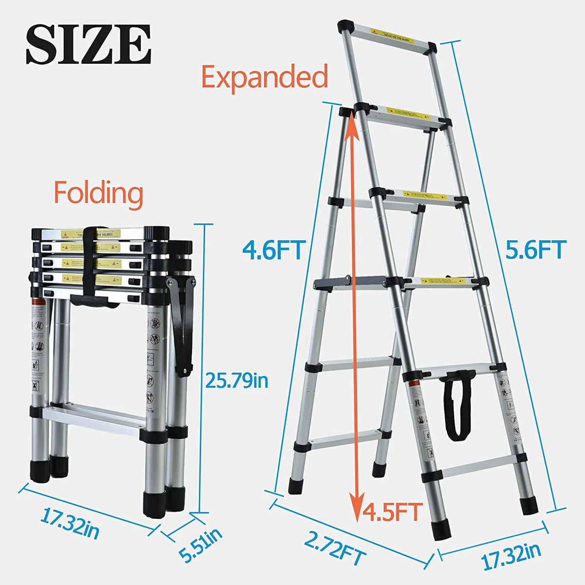 Telescopic Step Ladder Aluminium 330lb Capacity Anti-Slip W2915