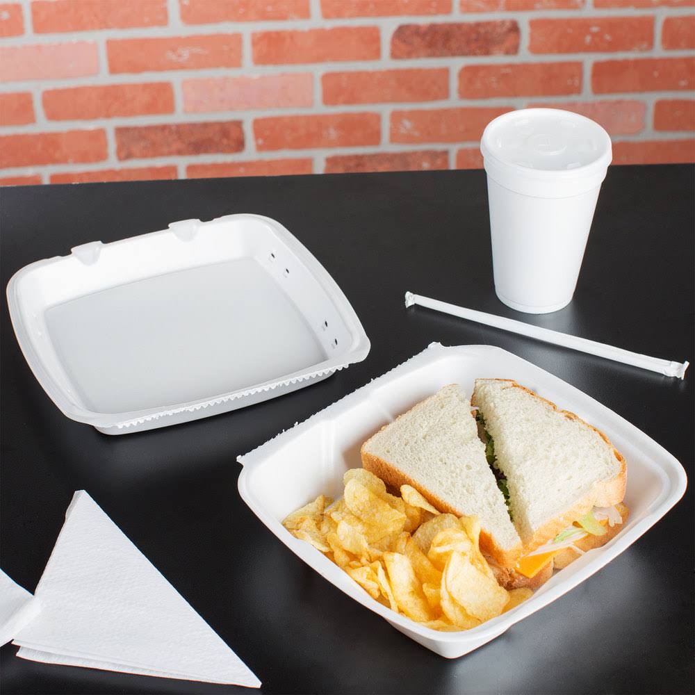 White Foam Square Vented Take Out Container with Perforated Hinged Lid T5864