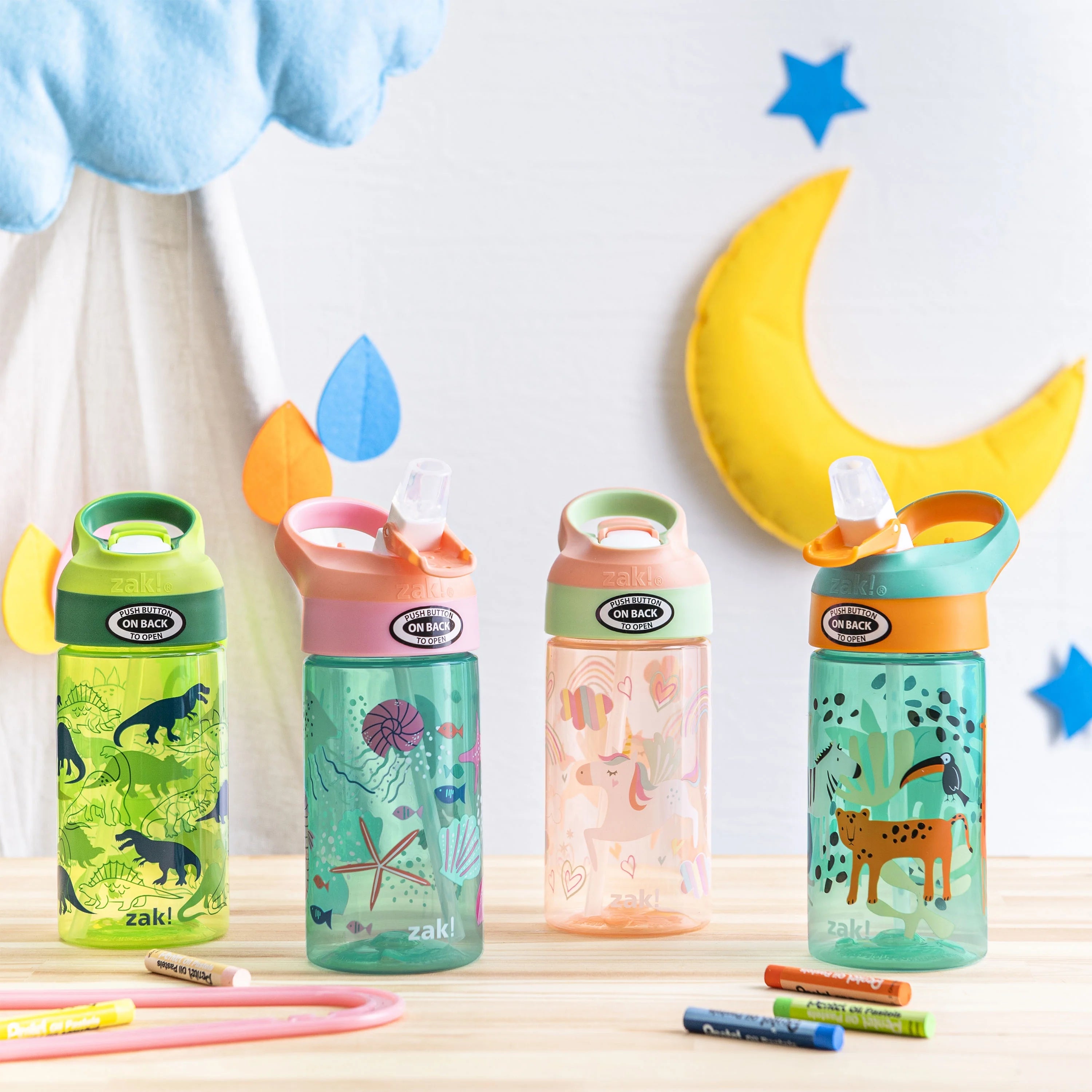 2pc 16 oz Kids Water Bottle Plastic with Flip Straw Spout Cover and Carry Handle T461