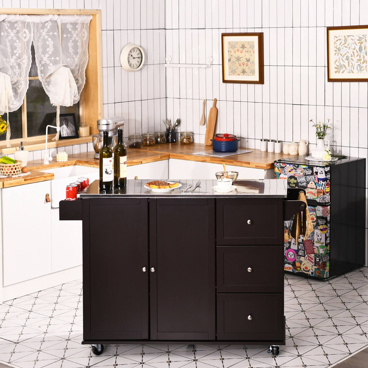 Kitchen Island 2-Door Storage Cabinet Stainless Steel Top with Drawers S4146
