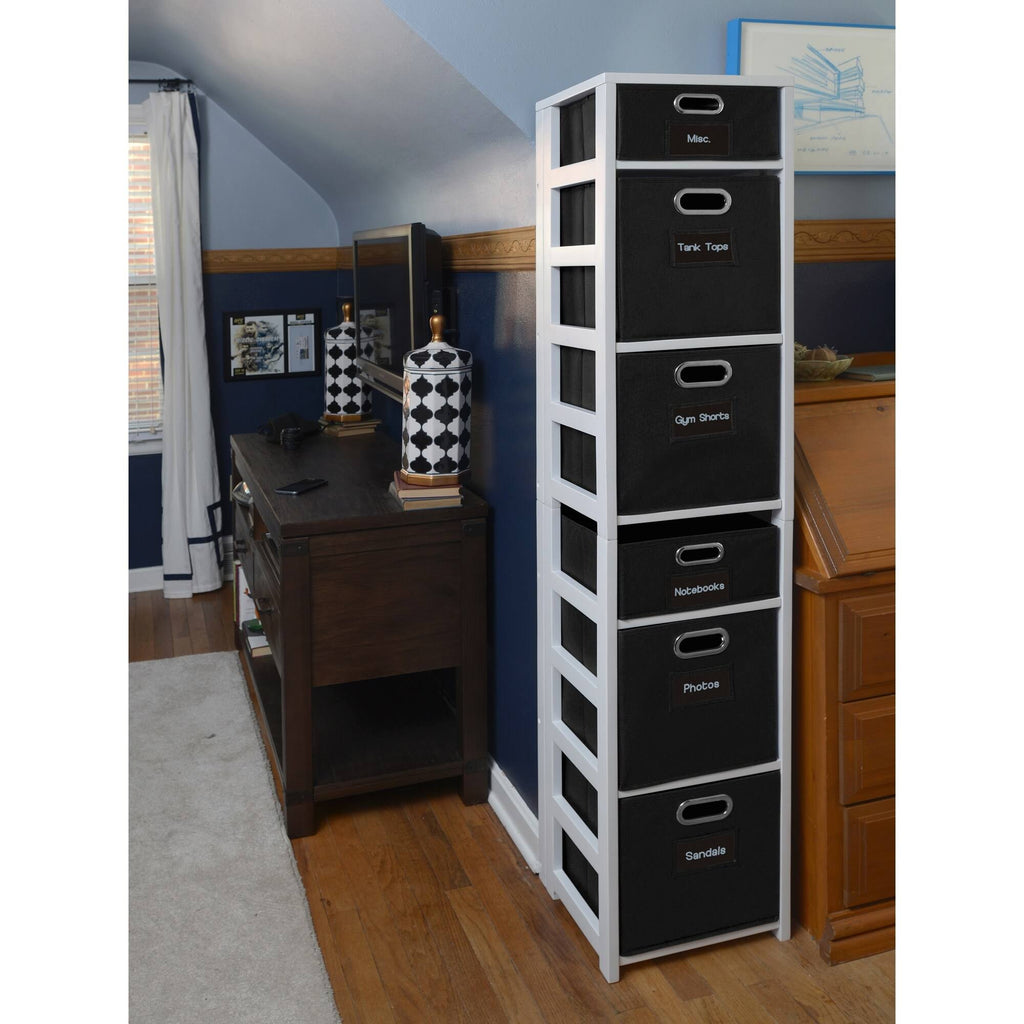 White/Black Square Folding Bookcase with Fabric Bins U257630