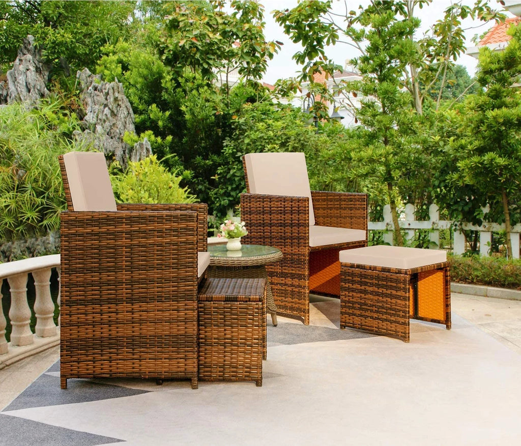 Beige 4 Piece PE Wicker Patio Furniture Set with Ottomans L930