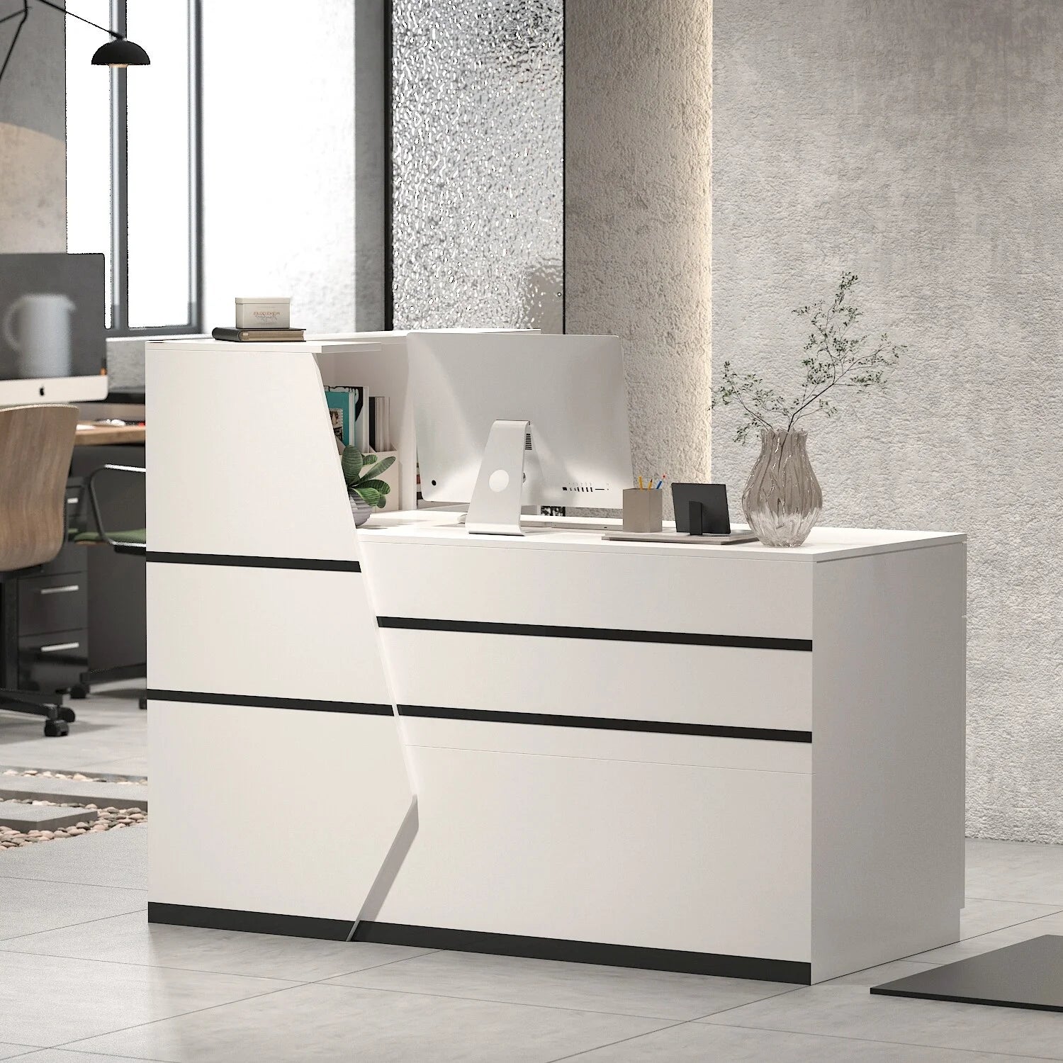 55.1"W L-Shape Wood Reception Desk with Keyboard Tray Z762113
